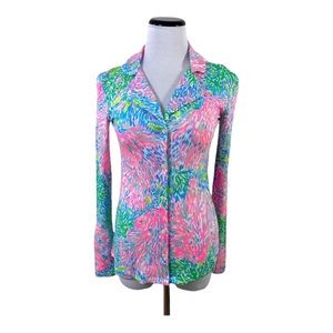 Lilly Pulitzer PJ Knit Button Up Top Stargazer Sz M Pink Blue